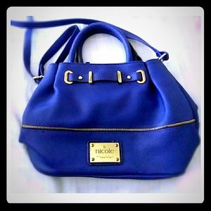 Nicole Miller navy blue small bucket style purse